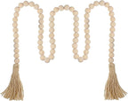 Farmhouse Beads 59 Inch Wood Bead Garland, Decorative Beads Boho Decor with Tassels Wall Hanging Home Decor Rustic Country Decoration Prayer Bead for Dining Table, Shelf, Bedroom (Natural)