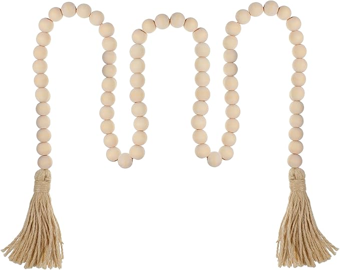 Farmhouse Beads 59 Inch Wood Bead Garland, Decorative Beads Boho Decor with Tassels Wall Hanging Home Decor Rustic Country Decoration Prayer Bead for Dining Table, Shelf, Bedroom (Natural)