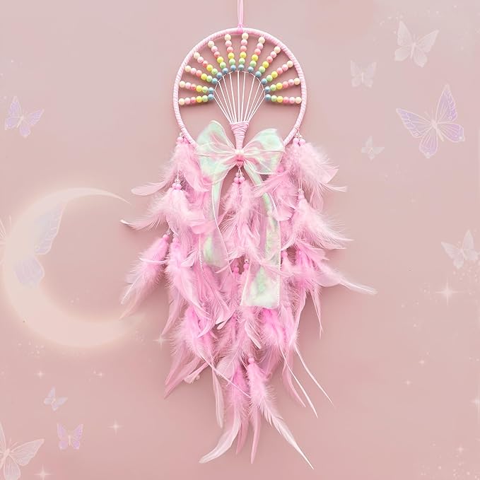 Dream Catcher Wall Hanging for Girls Bedroom Decoration,Pink Dream Catchers for Kids Room Decor Art Craft Gift, Handmade Feather Wall Decor Hanging Ornament(Pink)