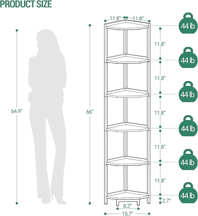Hzuaneri Corner Shelf Stand, Corner Bookshelf, Storage Standing Shelf Unit with Metal Frame, Plant Stand, Bookcase for Living Room, Home Office, Bedroom, 6-Tier Greige CS06005B