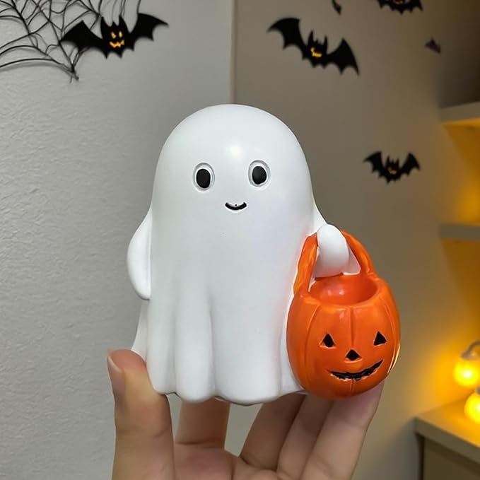 Halloween Ghost Decor, Cute Pumpkin Ghost Figurine for Halloween Decoration Indoor, Resin Ghost Statue for Desk Tabletop Centerpieces, Spooky Home Decor