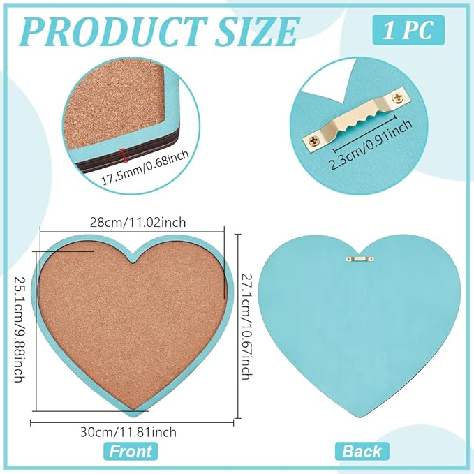 BENECREAT Light Sky Blue Heart Pin Cork Board, 10.6x11.8inch Bulletin Display Board Wall Mounted Cork Board for Brooch Pin Storage Display, Office Home and School Decor