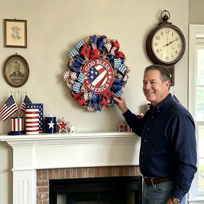 4th of July Decorations Outdoor Patriotic Wreaths for Front Door 250th Anniversary Decorations Red White and Blue American Flag Wreath (God Bless America 3)