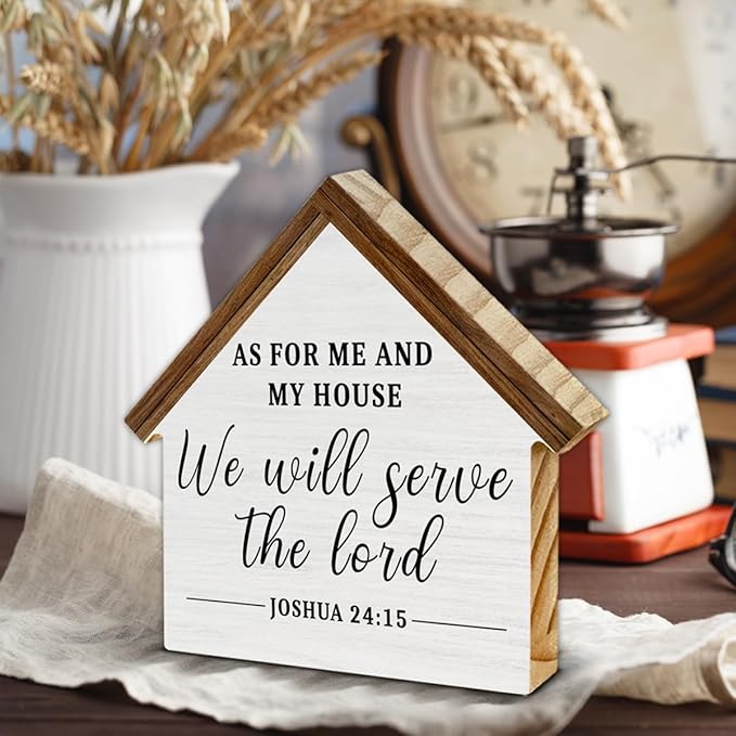 As for Me and My House We Will Serve the Lord Christian Decor, Bible Verse House Shaped Wood Sign, Christian Home Room Decor for Desk Table Shelf