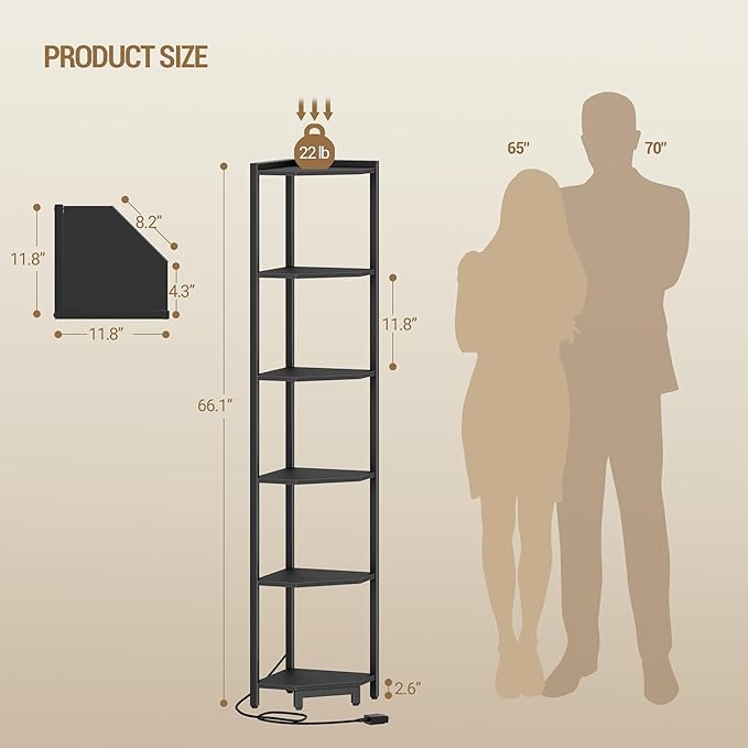 Hzuaneri Corner Shelf with LED Light, 6-Tier Corner Bookshelf, Tall Narrow Display Bookcase with Metal Frame, Standing Shelf for Small Space, Living Room, Home Office, Bedroom, Black CS66606B