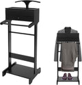 Clothing Valet Stand, Wood Suit Rack with Drawer & Compartment, Freestanding Valet Stand for Women and Man, 17"x12"x44" Suit Stand for Home Hotel Office (Black)