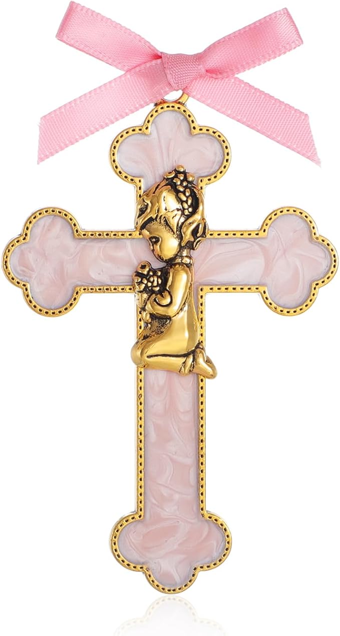 KOMI Baptism Gifts for Girls Pink Enamel Baby Wall Cross Christening Gifts Praying Girl Cross Christening and Dedication Baptismal Gifts from Godmother