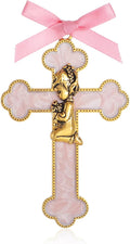 KOMI Baptism Gifts for Girls Pink Enamel Baby Wall Cross Christening Gifts Praying Girl Cross Christening and Dedication Baptismal Gifts from Godmother