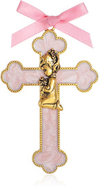 KOMI Baptism Gifts for Girls Pink Enamel Baby Wall Cross Christening Gifts Praying Girl Cross Christening and Dedication Baptismal Gifts from Godmother