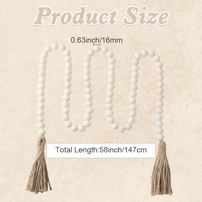 Wood Bead Garland 58 Inch Nature Wooden Beads for Boho Farmhouse Table Home Decor with Tassel, Wooden Prayer Bead, Rustic Country Boho Wall Hanging Decor for Kitchen Modern Living Room Tray Vase Shelf