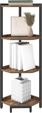 Hzuaneri Corner Shelf Stand, Corner Bookshelf, Storage Standing Shelf Unit with Metal Frame, Plant Stand, Bookcase for Living Room, Home Office, Bedroom, 4-Tier Rustic Brown CS05801B