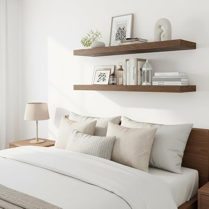 Vivelove Wide Floating Shelves for Wall 12 Inch Deep, 55" X 12" X 2" Floating Shelf, 2 Inch Thick Shelf for Living Room Bathroom Bedroom Kitchen Book Room, Rustic Farmhouse Decor Set of 2, Walnut