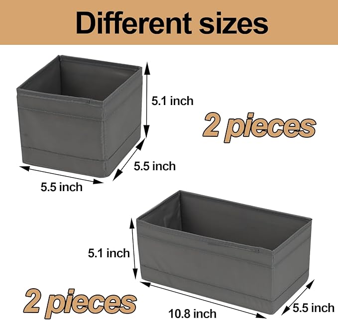 Washable Cloth Drawer Organizer, Set of 4 Foldable Sock Dresser Drawer Organizers Storage Boxes, Fabric Storage Boxes Closet Cabinet Organizer for Clothes (Gray, 2M+2S)