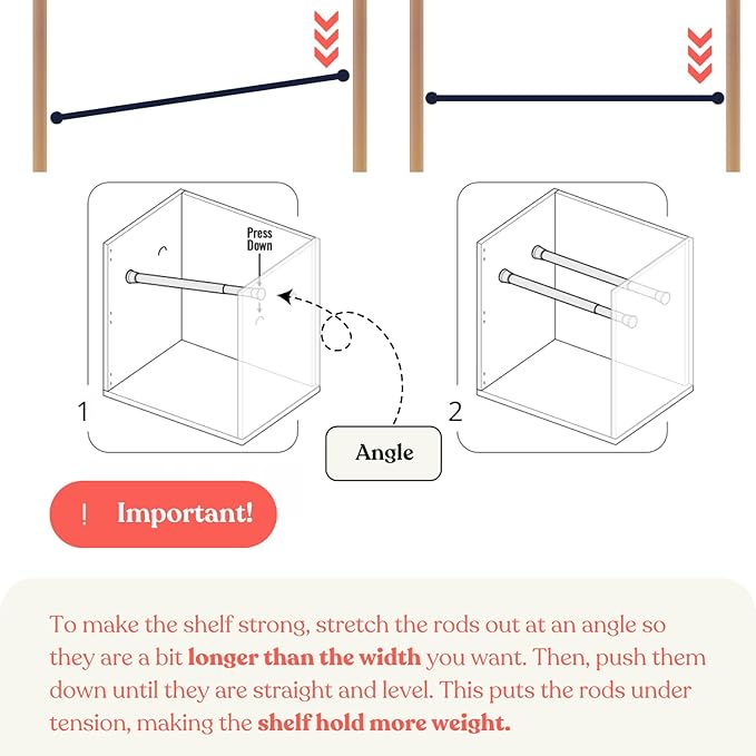 Tension Rod Shelving Expandable Closet Tension Shelf Storage Rack - No Drill Cabinet Tension Rod Shelf for Closet No-Slip | Shelves for Cabinet (NO Screw Installation)