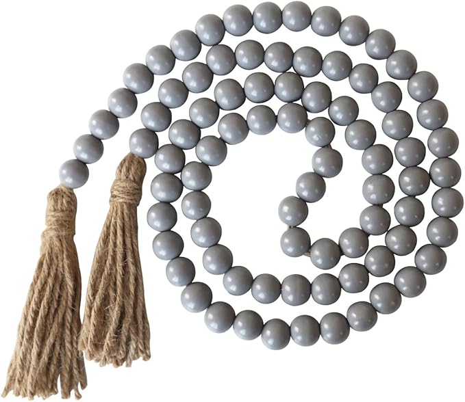 Boho Decor Wood Beads Garland Farmhouse Wall Hanging Decorations Natural Wooden Bead Tassel Decorative for Coffee Table Christmas and Prayer (Gray, 58")