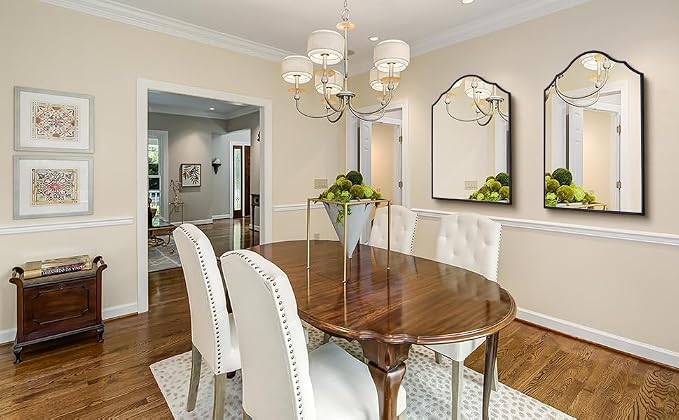 Black Arched Mirror for Bathroom, 36"x24" Bedside Mirrors for Wall with Modern Antique Metal Frame, Large Scalloped Entryway Decor