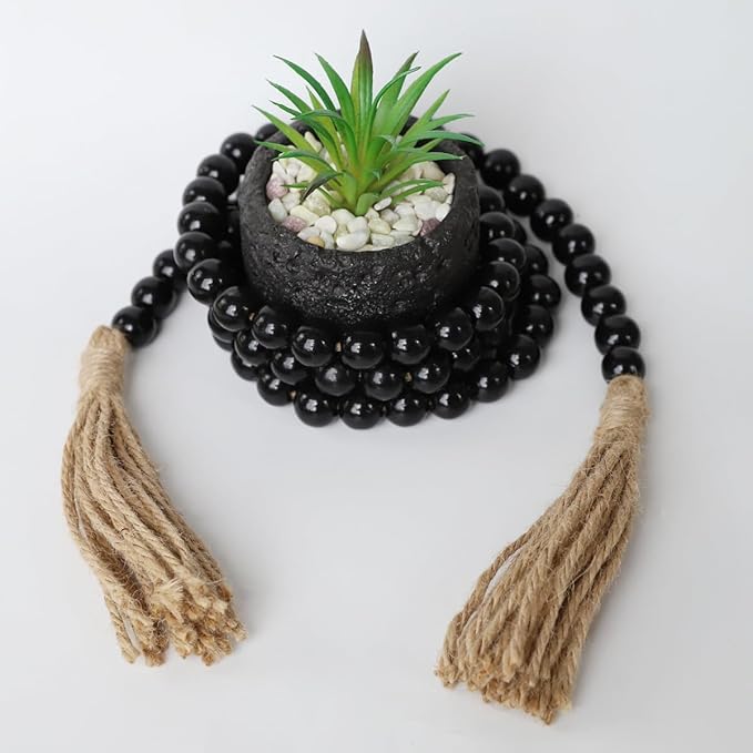 Boho Decor Wood Beads Garland Farmhouse Wall Hanging Decorations Natural Wooden Bead Tassel Decorative for Coffee Table Christmas and Prayer (Black, 58")