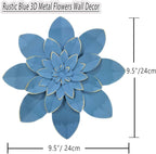 Ocean Blue Metal Flower Wall Art Decor, 9.5" Rustic Modern Floral Sculpture, Distressed Hanging Home Decoration Accent Artworks for Indoor Bedroom Living Room Office Outdoor Garden Patio