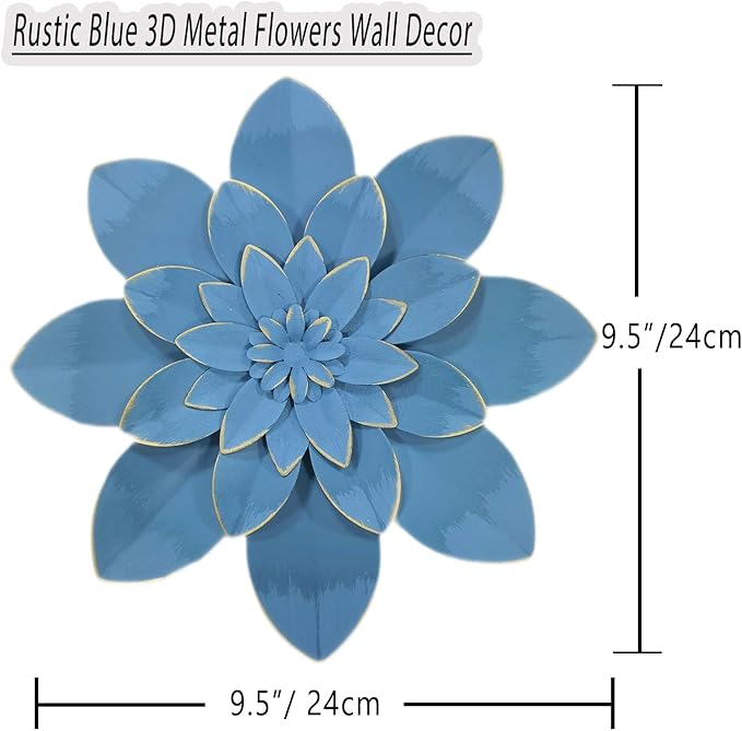 Ocean Blue Metal Flower Wall Art Decor, 9.5" Rustic Modern Floral Sculpture, Distressed Hanging Home Decoration Accent Artworks for Indoor Bedroom Living Room Office Outdoor Garden Patio