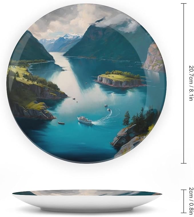 Decorative Plates, Fjords Mountain Lake & Ship Landscape Display Plate for Home Office Kitchen Table Decor Porcelain Plates 8 Inch, Birthday Gifts