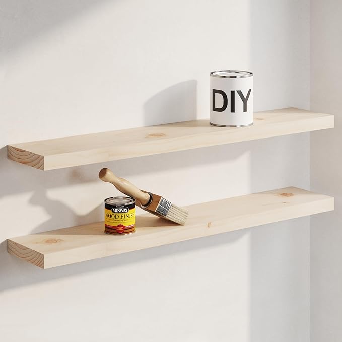 Homeforia 30 inch Wood Floating Shelves, High End Solid Natural Wood 30inch Floating Shelf for Wall, Unfinished Wooden 30 inches Floating Shelves, Heavy Duty Bracket, 30 X 6.5 X 1.75 in, Set of 4