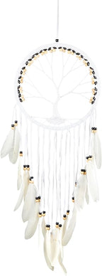 OMA Dream Catcher, Tree of Life Design with Feathers and Beads, White Suede Authentic Traditional Dream Catcher Boho Home Decor Bedroom Decoration Gift - Large Size - 36" Long x 11" Diameter (Black)