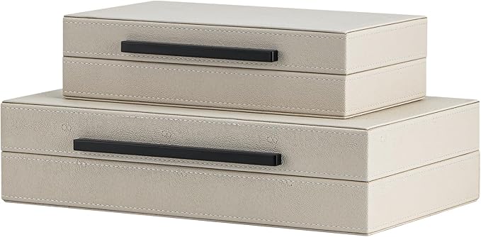 Set of 2 Beige Shagreen Decorative Storage Boxes with Black Metal Handles – Faux Leather Jewelry & Memory Boxes, Nesting Photo Organizers for Home Decor
