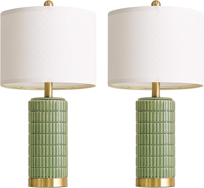 PoKat Bedside Table Lamps Set of 2 for Living Room with 2 USB Ports, 21.5'' Small Modern Nightstand Lamps for Bedroom, Ceramic Side Table Lamps with Gold Base for Office Entryway Decor Gift (Green)