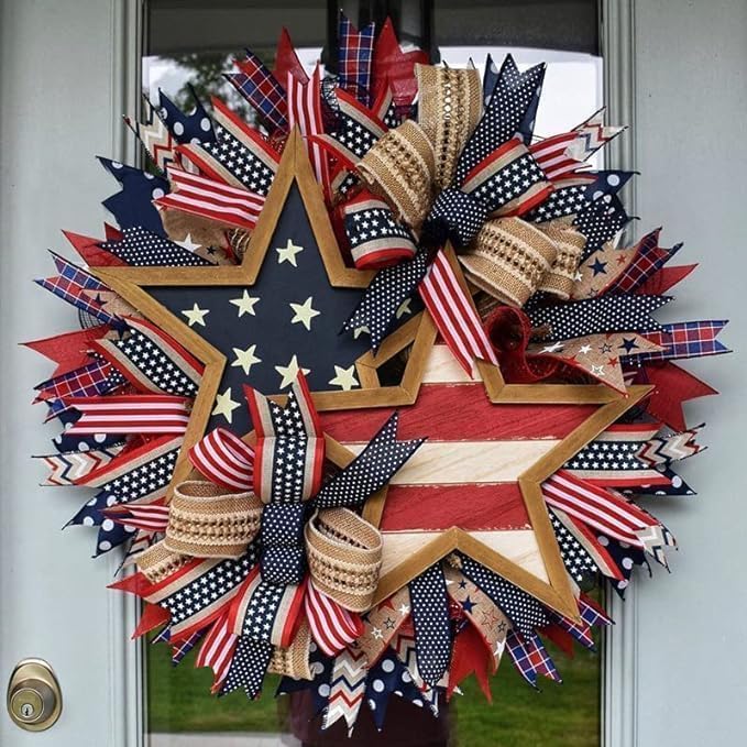 Patriotic Wreaths for Front Door, New 250th Anniversary Decorations, 4th of July Decorations Outdoor, Handcrafted Memorial Day Wreaths, Festival Celebration USA Flag Printed Wreath (D)