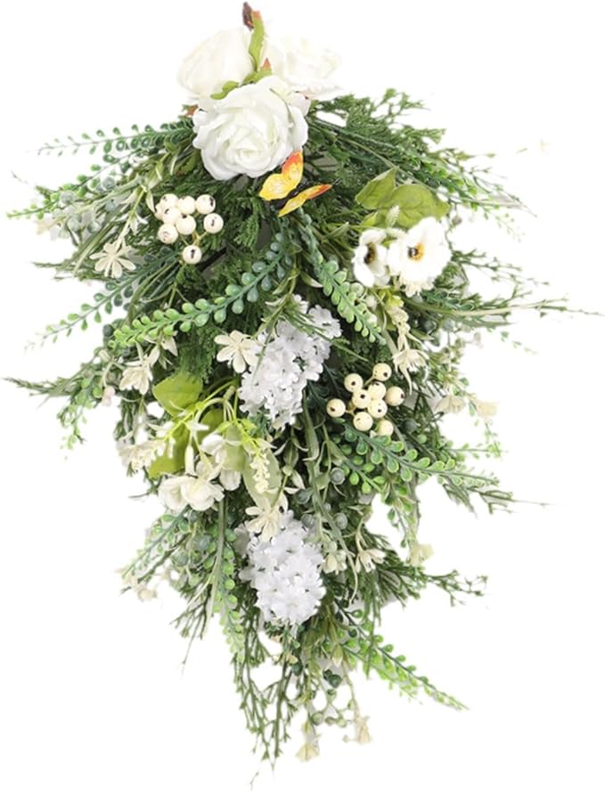 Artificial Flower Teardrop Swag Wreath Hanging Garland Welcome Sign 20inch Long for Farmhouse Decor Accessory Versatile