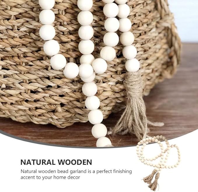 IMIKEYA Wooden Bead Tassel Decoration 57 Inch Natural Wood Beads Garland for Farmhouse Boho and French Country Home Decor Perfect for Tiered Trays and Centerpieces