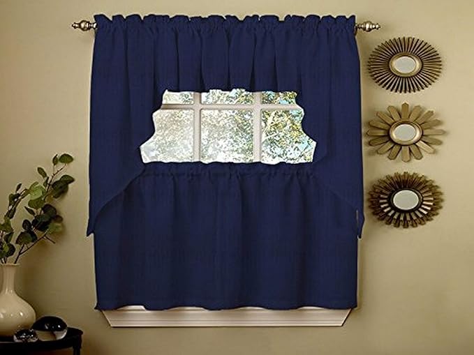 Sweet Home Collection Opaque Rib Cord Kitchen Curtains Pair, 24" Tier, Ribcord Navy