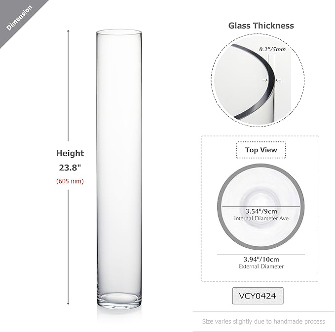WGVI Quality Thick Weighted Tall Clear Cylinder Glass Vases, 4" W x 24" H, Flower Arrangement Floating Candle Holders Wedding Centerpieces Event Floral Container Tabletop Display Décor, 1 Piece