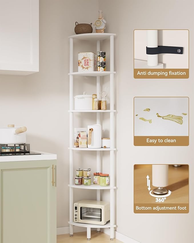 IBUYKE 6 Tier Corner Shelf Stand,Industrial Corner Display Rack,Corner Bookshelf for Living Room, Bedroom, Kitchen, Home Office, White WBC011W