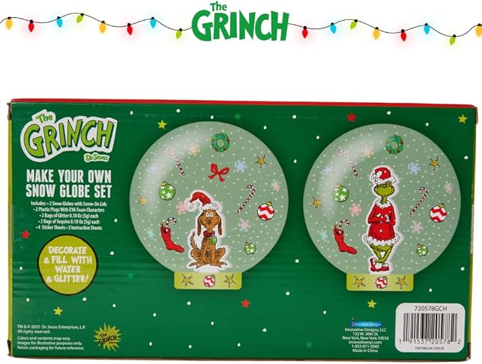 Dr Suess The Grinch Snow Globe Kit, DIY Snow Globe, Includes 2 Globes, Glitter, Sequins, Stickers – The Grinch and Max