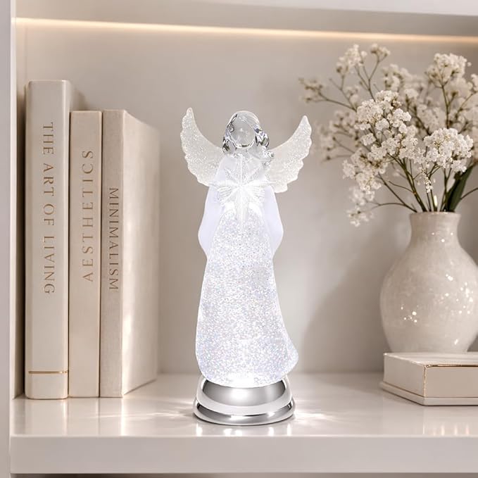 Christmas Angel Snow Globe Water Spinner LED Light Battery Operated Glitter Angel Figurine 12.8” Tabletop Christmas Decoration Holiday Home Décor by Moments in Time