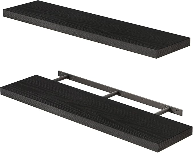 Fixwal Floating Shelves for Wall, 35.4" Long Heavy Duty Wall Mounted Rustic Wood Shelves for Living Room, Bedroom, Bathroom and Kitchen, Wall Shelves for Storage, Books, Room Decor (Black, Set of 2)