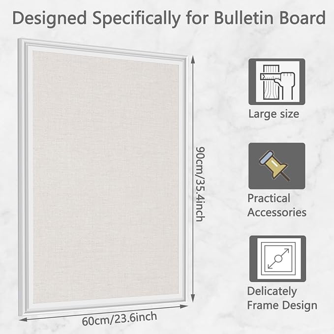 Linen Bulletin Board,Pin Boards for Walls,Fabric Bulletin Board,White Wood Frame Beige Linen,23.6"x35.4",Large Pin Board for Office,Home Kitchen, Vision Cork Board (WH-6090)