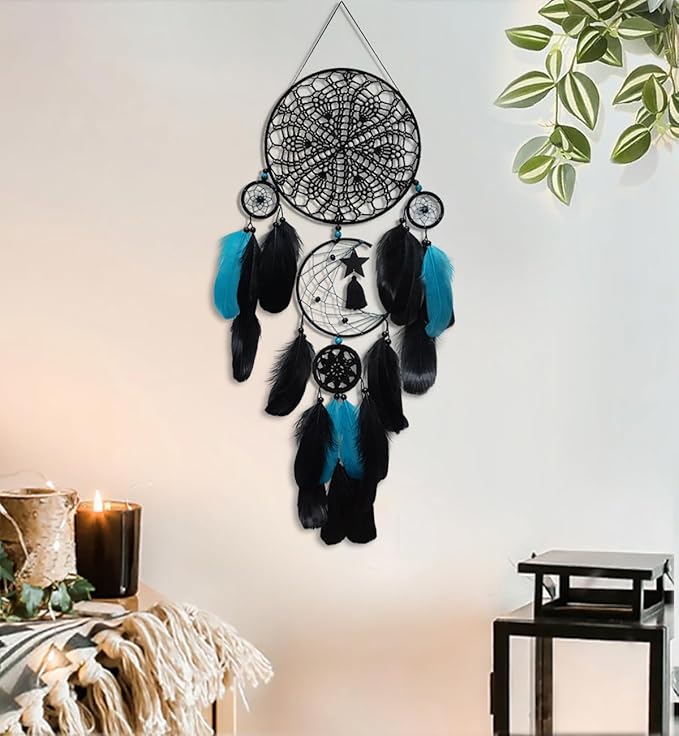 5 Pack Black Teal Dream Catchers Wall Decor Moon and Sun Feather Handmade Traditional Dreamcatchers Large Boho Macrame Wall Hanging for Bedroom Adult Native American Decor Bohemian Decorations