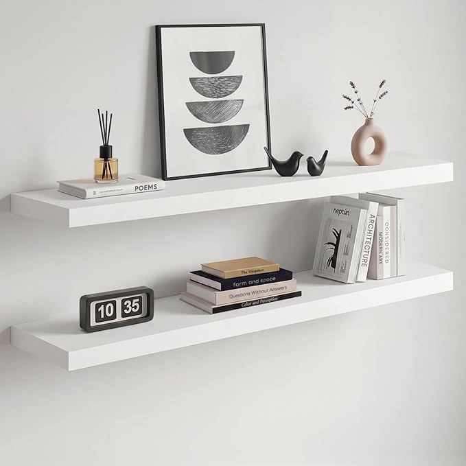 Homeforia White Floating Shelves 36 inch, High End Solid Real Wood 36inch Floating Shelf for Wall Mounted, White Wooden 36in Long Floating Shelves, Heavy Duty Bracket, 36 X 6.5 X 1.75 inches, Set of 2