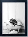 Black and White Bathroom Wall Decor Funny Hippo in Bathtub Wall Art Framed Humor Bathroom Signs Cute Animal Cnvas Print Artwork