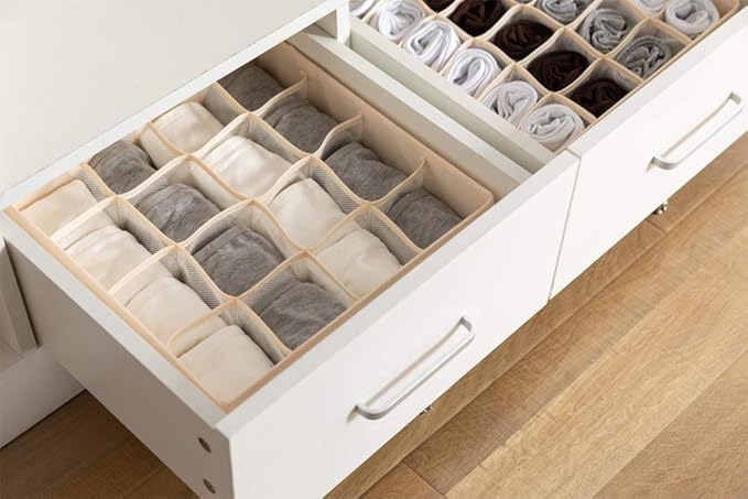 ALYER Collapsible Fabric Drawer Organizer Divider,Closet Storage Box Bins Containers for Panties,Underwear, Ties,Bras, Socks, Lingerie (Beige-24 Cells)