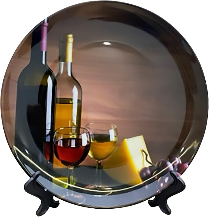 ALALAL 10'' Ceramic Decorative Plates Wine Bottle Grape Print Decorative Plate with Display Stand for Kitchen Dining Room Wine Cabinet Home Décor Art Decoration 10 inch
