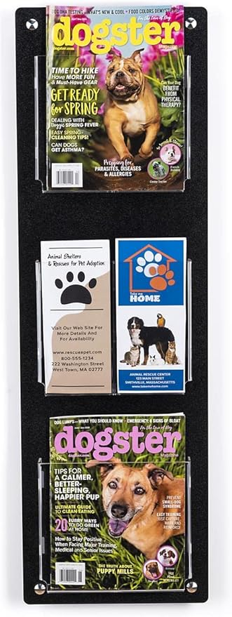 Displays2go Tiered Magazine Holder for Wall, 3-6 Adjustable Pockets, Frameless Acrylic - Black (2RP3BLK)