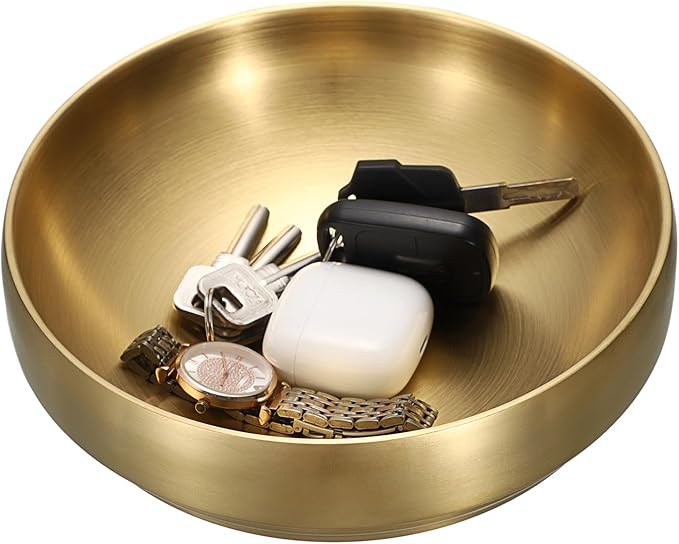 8.3" Golden Key Bowl for Entryway Decorative Key Holder Round Fruit Dish Stainless Steel Catch All Bowl for Coffee Table Kitchen Counter Home Decor