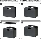 EZDeco PU Leather Magazine Holder, Magazine Rack Floor, Magazine Storage Basket & Vinyl Record Holder, File Folder Organizer for 12 inch LP Albums, Magazines, Books, Newspapers (Grey)