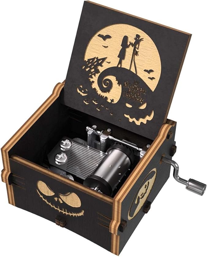 Ucuber Before Christmas Music Box, Engraved Mini Wood Music Box Gift, Melody This is Halloween, Home Decor for Halloween Valentines Christmas Boys and Girls