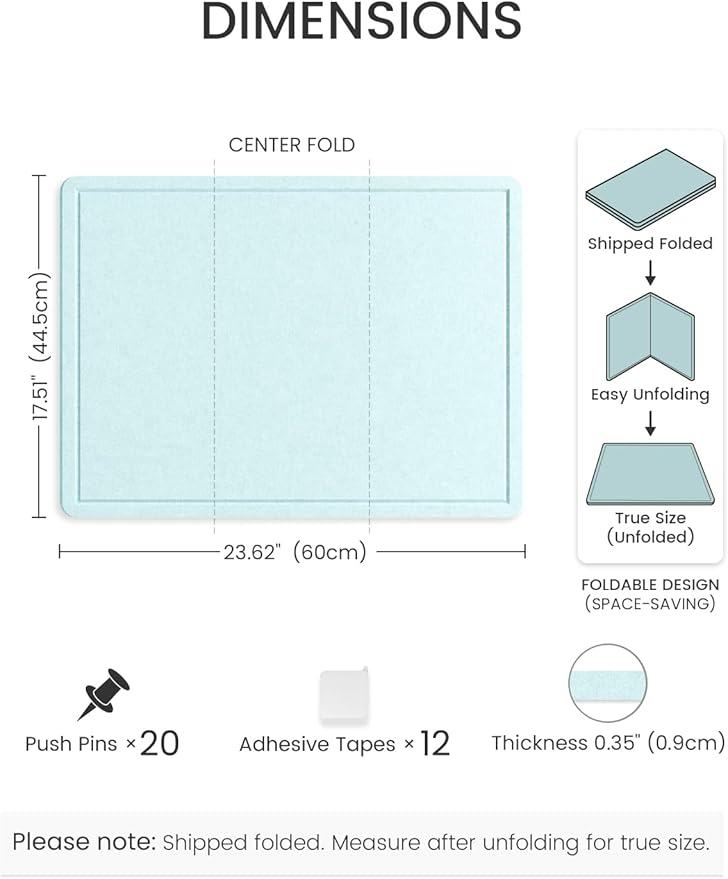 Fluxynara Bulletin Board, 23.6" x 17.5" Cork Board Alternative with 12 Safe Removable Adhesive Tabs, Foldable Felt Pin Board for Home Office, Classroom, Bedroom,Entryway for Walls—Aqua Blue
