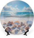 Shell Theme Decorative Ceramic Plate Round Porcelain Plate,8 inch,Beach Pattern,for Decorative Ornaments Giving Plates,1 Plate with 1 Display Stand,Off White Brown