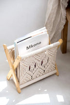 Mkono Macrame Magazine Rack Boho Storage Holder Standing Basket for Books, Newspapers, Swaddle Blanket, Dorm Essentials, Living Room, Bathroom, Office, Nursery, Home Decor, Small Size, 11.2”L x 7.5”W
